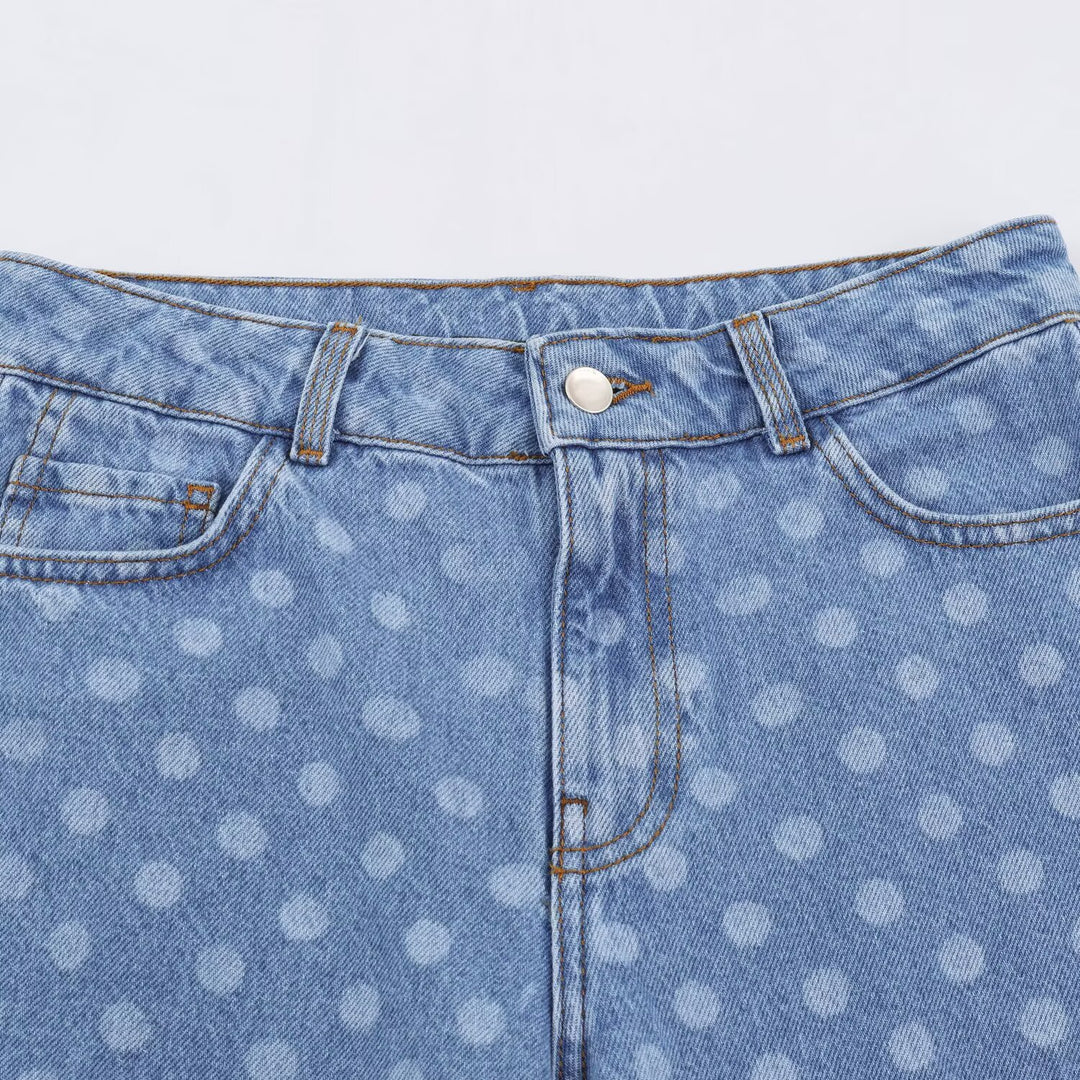 Damen Weite Cropped-Jeans mit hohem Bund und gepunktetem Denim Echo Archiv