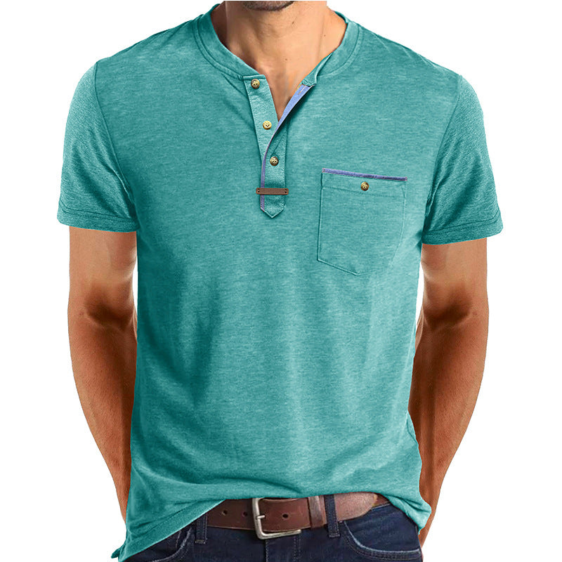 Herren Kurzarm-Henley-Shirt mit modischen Knopfdetails und Brusttasche Echoarchiv