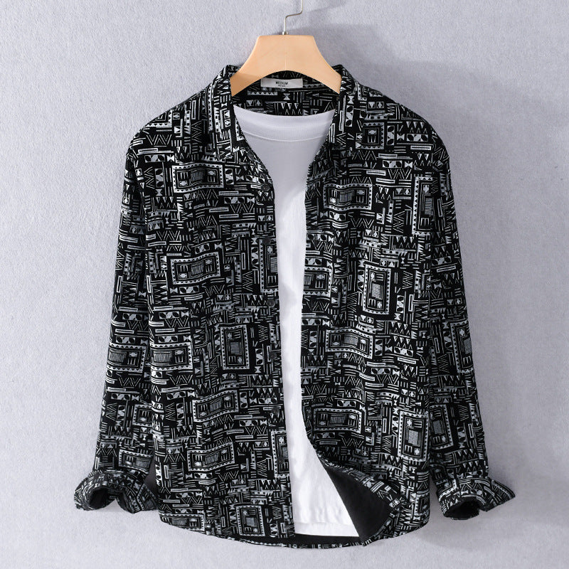 Herren Langarmhemd im Overshirt-Stil mit geometrischem Ethno‑Print Echoarchiv