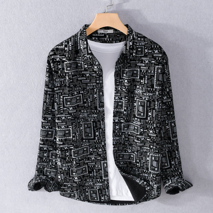 Herren Langarmhemd im Overshirt-Stil mit geometrischem Ethno‑Print Echoarchiv