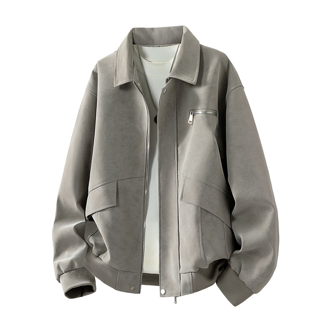 Herren Boxy-Blousonjacke im Veloursleder‑Look mit Brustreißverschluss, Pattentaschen & geripptem Saum Echoarchiv