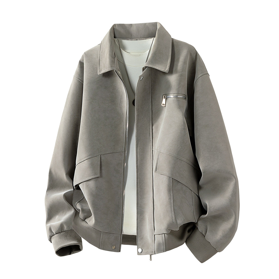 Herren Boxy-Blousonjacke im Veloursleder‑Look mit Brustreißverschluss, Pattentaschen & geripptem Saum Echoarchiv