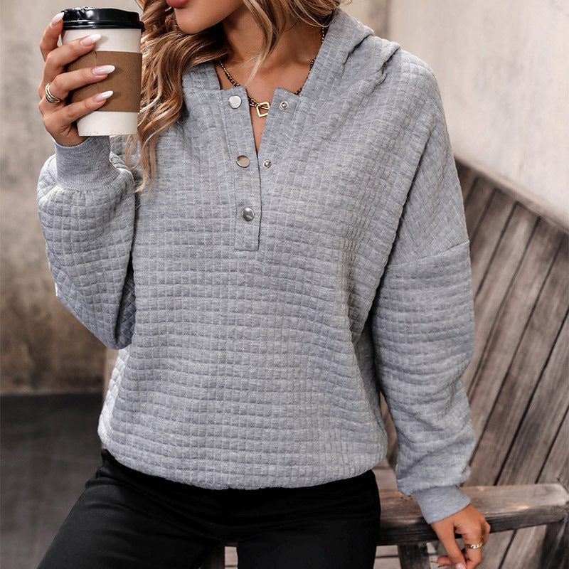 Damen Gestepptes Waffelstrick-Henley-Hoodie mit Druckknopfleiste Echoarchiv