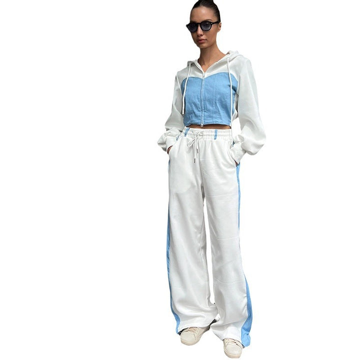 Damen nan zweiteiliges Cropped-Hoodie-Set mit Reißverschluss, elastischem Komfortbund und weitem Seitenstreifen-Hose Echo Archiv