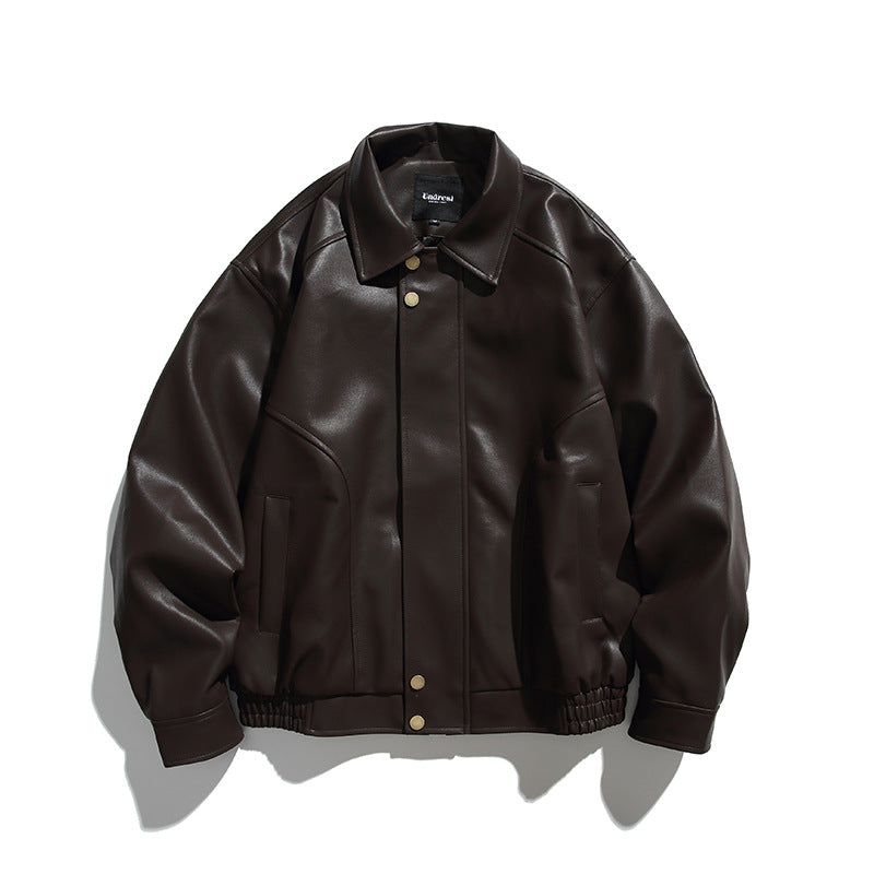 Herren Boxy-Lederimitat-Bomberjacke mit verdeckter Druckknopfleiste, elastischem Saum und aufgesetzten Eingrifftaschen Echo Archiv