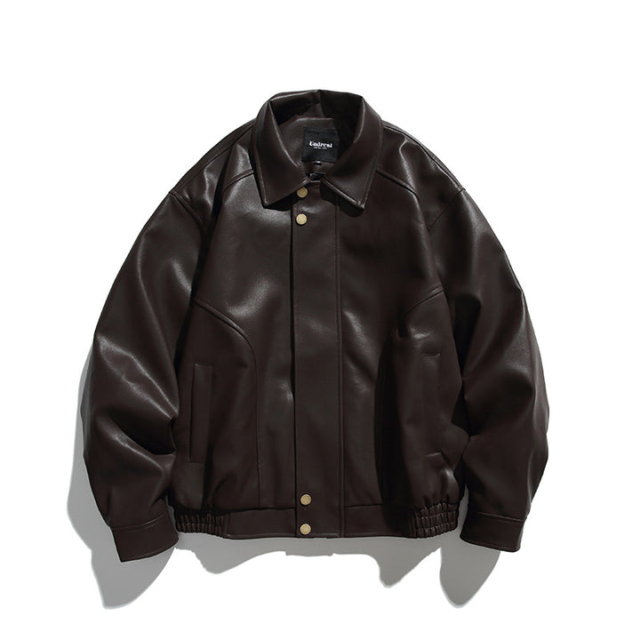 Herren Boxy-Lederimitat-Bomberjacke mit verdeckter Druckknopfleiste, elastischem Saum und aufgesetzten Eingrifftaschen Echo Archiv