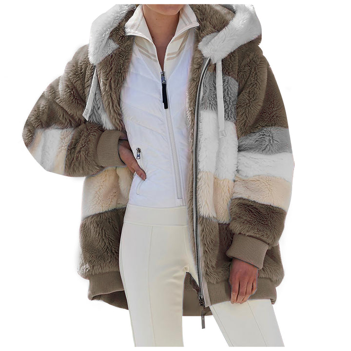 Damen nan oversized gefütterte Kunstfelljacke mit Kapuze, Blockstreifen und gerippten Bündchen Echo Archiv