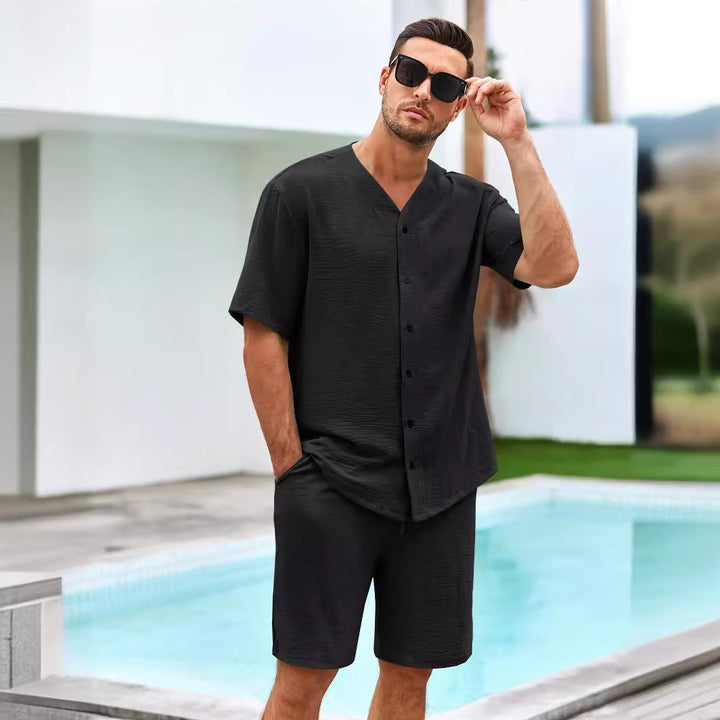 Herren luftiges Sommer-Freizeit-Set mit kurzärmeliger Knopfleiste und lässigen Shorts Echoarchiv