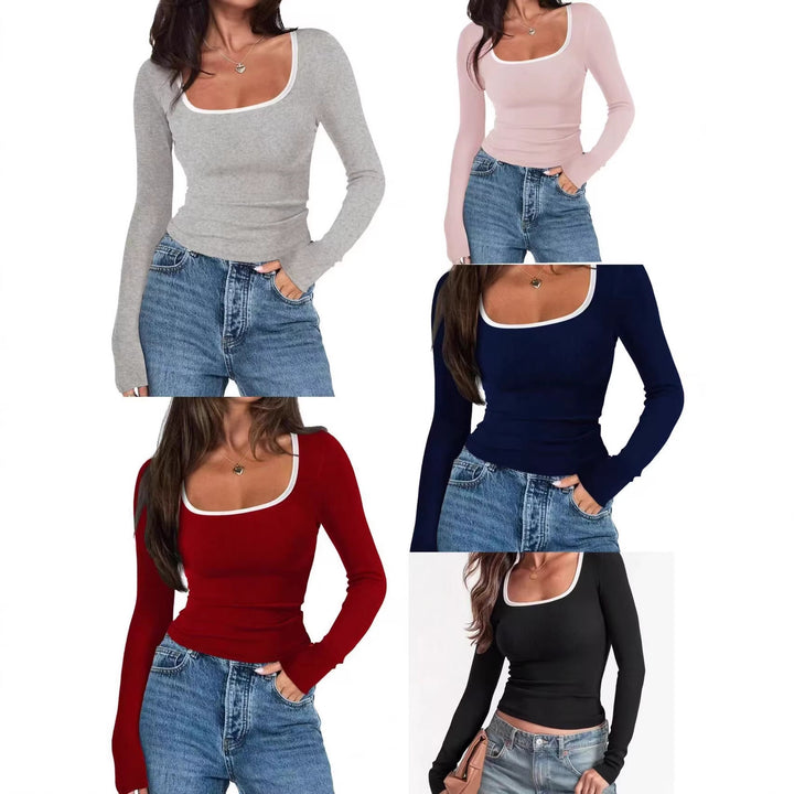 Damen Enganliegendes Rippstrick-Longsleeve mit weitem Quadrat-Ausschnitt Echo Archiv