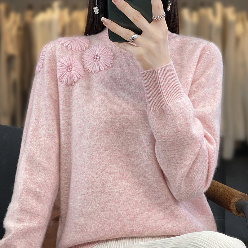 Damen Weicher Feinstrickpullover mit kurzem Stehkragen, 3D‑Blütenapplikation und gerippten Bündchen Echoarchiv