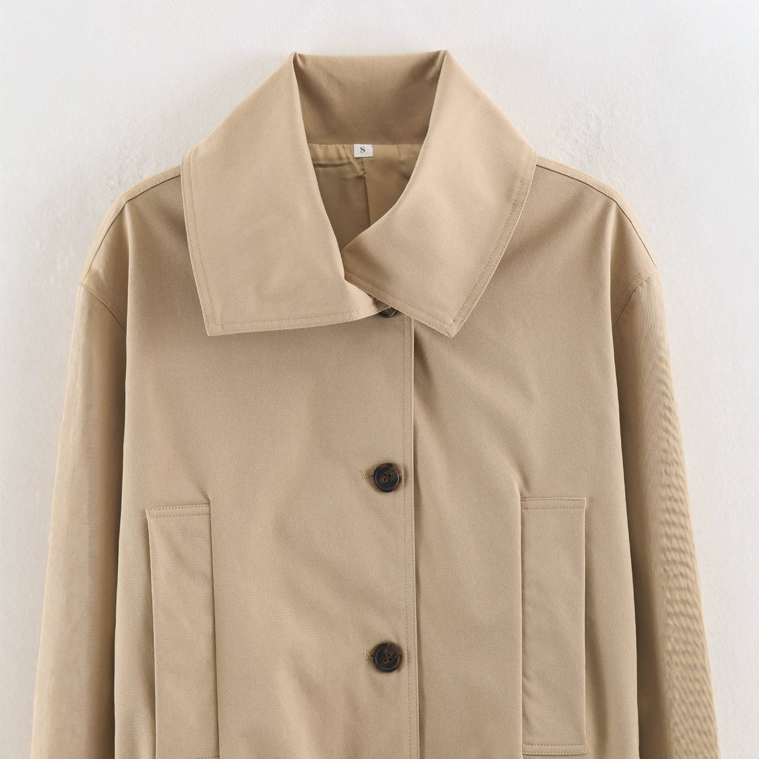 Damen Cropped Taillierte Übergangsjacke mit Bindegürtel und übergroßem Hemdkragen Echoarchiv