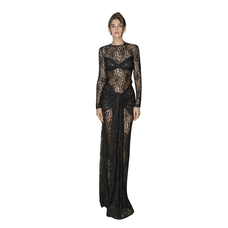 Damen Spitzen-Maxikleid mit figurbetonendem Schnitt und langem Arm Echo Archiv