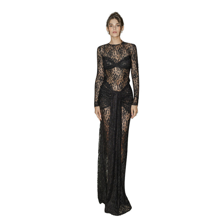 Damen Spitzen-Maxikleid mit figurbetonendem Schnitt und langem Arm Echo Archiv