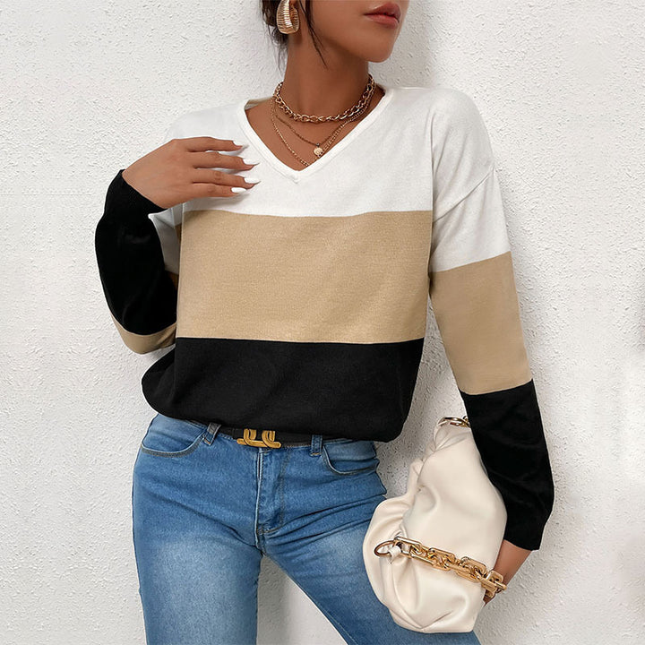 Damen Eleganter V‑Ausschnitt Feinstrickpullover mit breiten Blockstreifen Echoarchiv