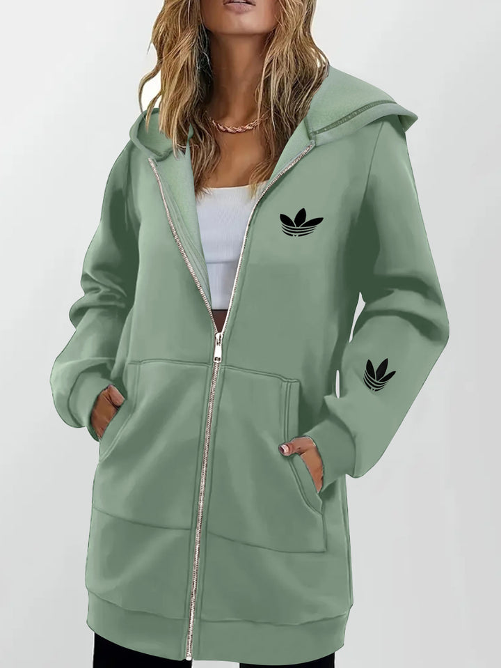 Damen Lange Kapuzen-Sweatjacke mit Metallreißverschluss, Kängurutaschen und figurumspielender Silhouette Echoarchiv