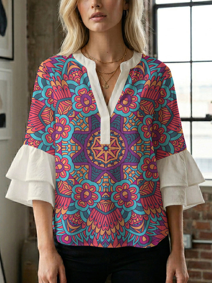 Damen elegantes Blusenshirt mit voluminösen Rüsenärmeln und grafischem Blumendesign Echo Archiv