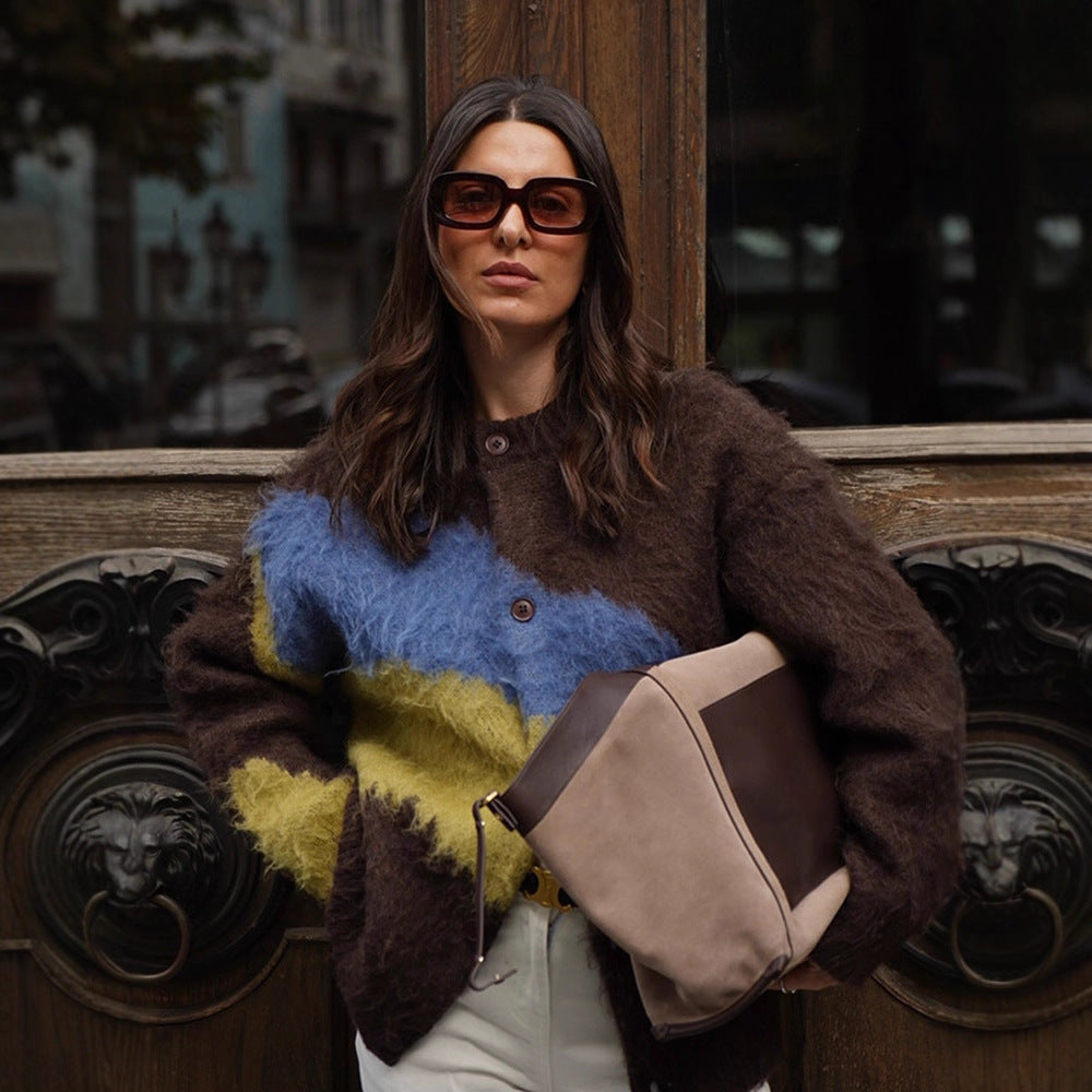Damen Oversize Mohair-Blend Cardigan mit abstraktem Farbblock und Knopfleiste Echoarchiv