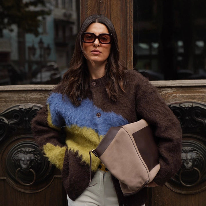 Damen Oversize Mohair-Blend Cardigan mit abstraktem Farbblock und Knopfleiste Echoarchiv