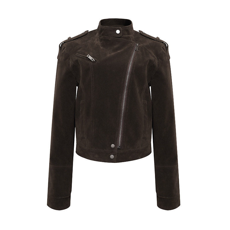 Damen Kurze Veloursleder-Bikerjacke mit asymmetrischem Reißverschluss und Stehkragen Echoarchiv