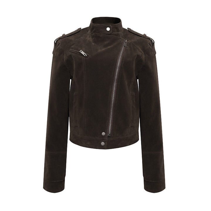 Damen Kurze Veloursleder-Bikerjacke mit asymmetrischem Reißverschluss und Stehkragen Echoarchiv