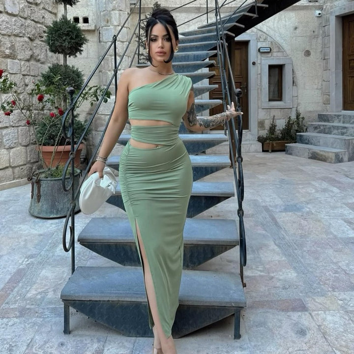 Damen asymmetrisches Maxikleid mit Rüschen und hohem Seitenschlitz Echo Archiv
