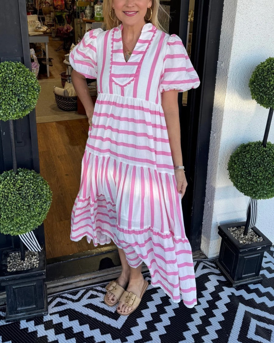 Damen Gestreiftes Maxi-Kleid mit Stufenrock, Rüschenblende und Puffärmeln Echoarchiv