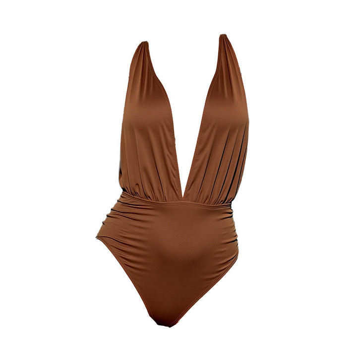 Damen Eleganter Badeanzug mit tiefem V-Ausschnitt und seitlicher Raffung Echo Archiv