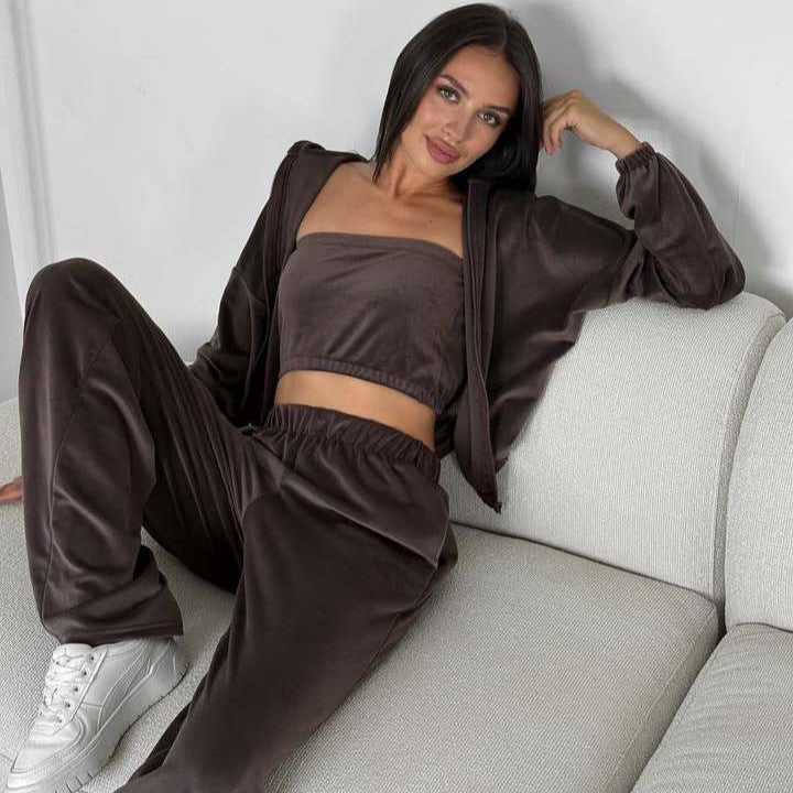 Damen Dreiteiliges Velours-Loungewear-Set mit Cropped-Top, Zip-Hoodie und weitem Palazzo-Hosenbein – Élanora