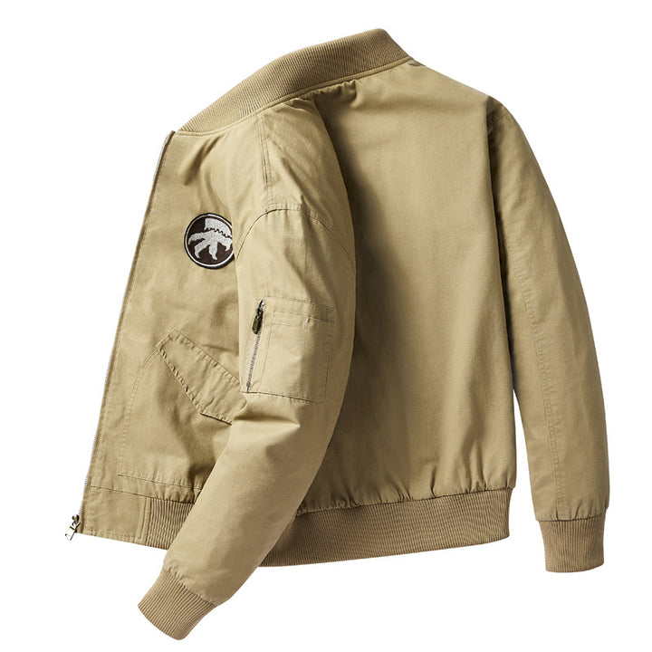 Men's short-length flight bomber jacket with embroidered shoulder patch sleeve zip pocket and ribbed collar cuffs hem – Brevano