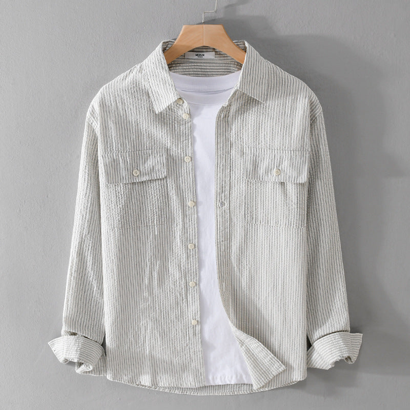 Herren Leichtes Overshirt im Nadelstreifen-Look aus Leinen‑Baumwollmix mit aufgesetzten Brusttaschen Echoarchiv