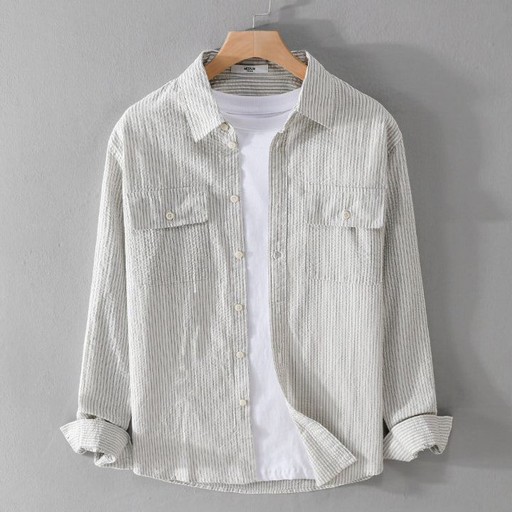 Herren Leichtes Overshirt im Nadelstreifen-Look aus Leinen‑Baumwollmix mit aufgesetzten Brusttaschen Echoarchiv