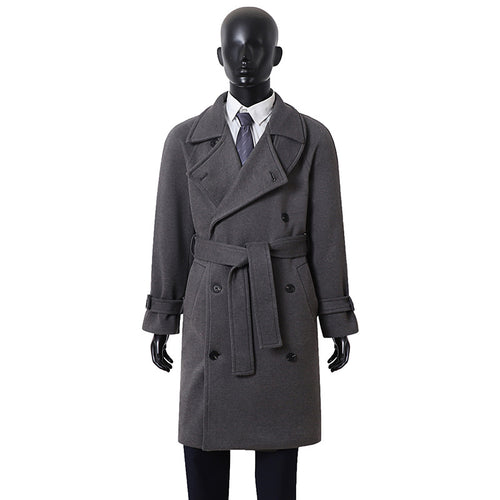 Herren Eleganter Mantel im Longcoat‑Stil aus Wollmix mit Doppelreihe, taillierendem Bindegürtel und dekorativer Schulterpasse Echoarchiv