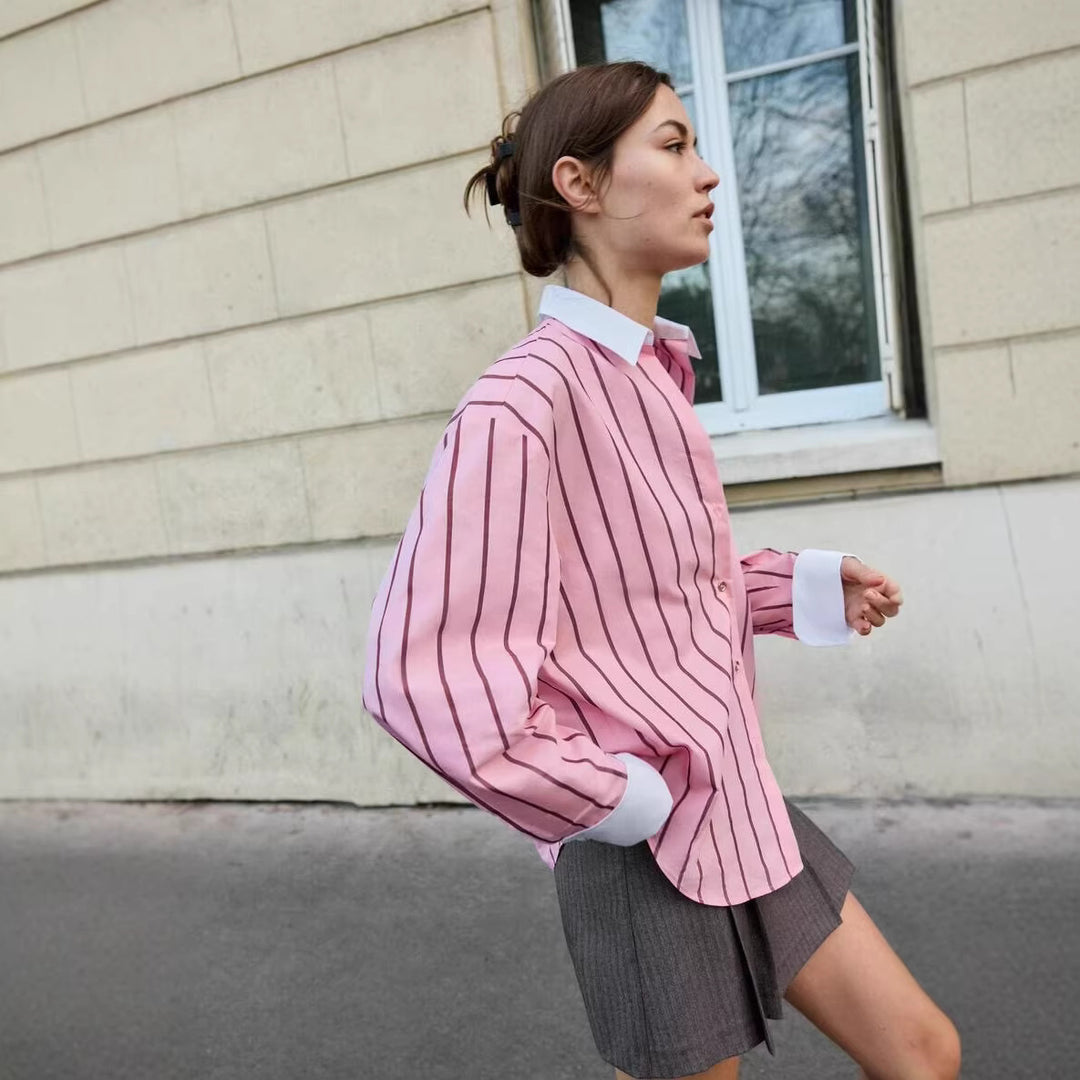 Damen Gestreifte Oversize-Bluse mit kontrastkragen und Manschetten Echoarchiv