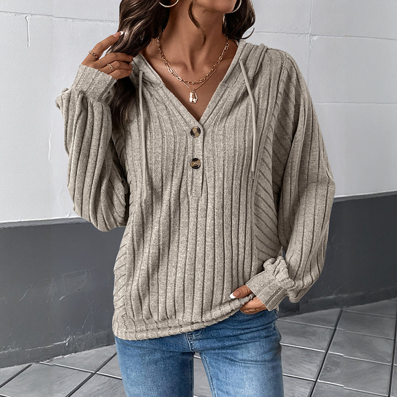 Damen Gerippter Kapuzenpullover mit V‑Ausschnitt, Knopfleiste und Oversize-Ärmeln Echoarchiv