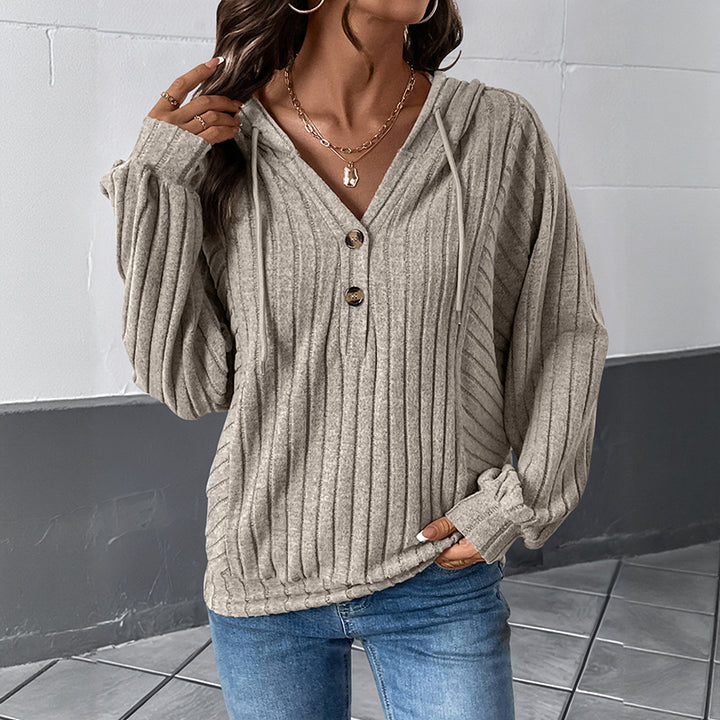 Damen Gerippter Kapuzenpullover mit V‑Ausschnitt, Knopfleiste und Oversize-Ärmeln Echoarchiv