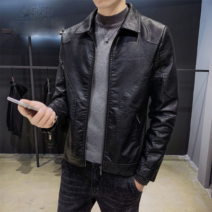 Herren Minimalistisches Lederoptik-Zip-Blouson mit ergonomischen Nahtlinien und Hemdkragen Echoarchiv