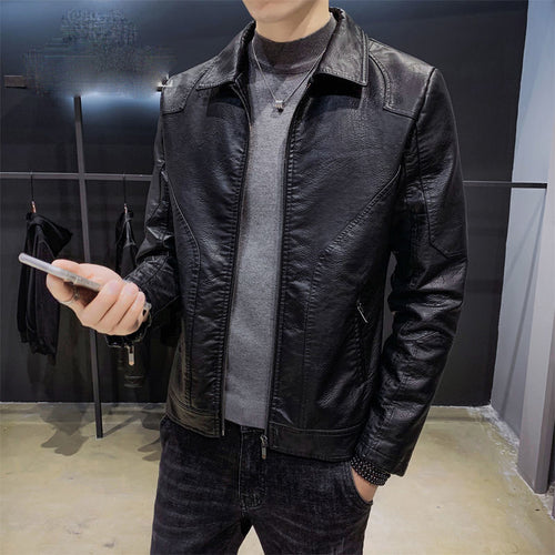 Herren Minimalistisches Lederoptik-Zip-Blouson mit ergonomischen Nahtlinien und Hemdkragen Echoarchiv