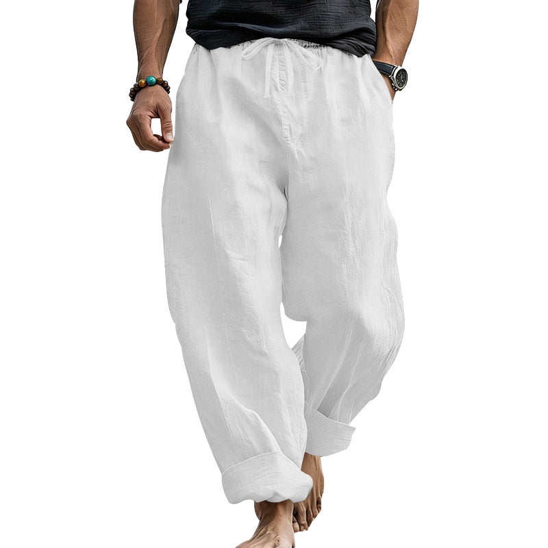 Herren Locker geschnittene Leinen-Loungehose mit Kordelzug, Umschlagsaum und Taschen – Sorevano