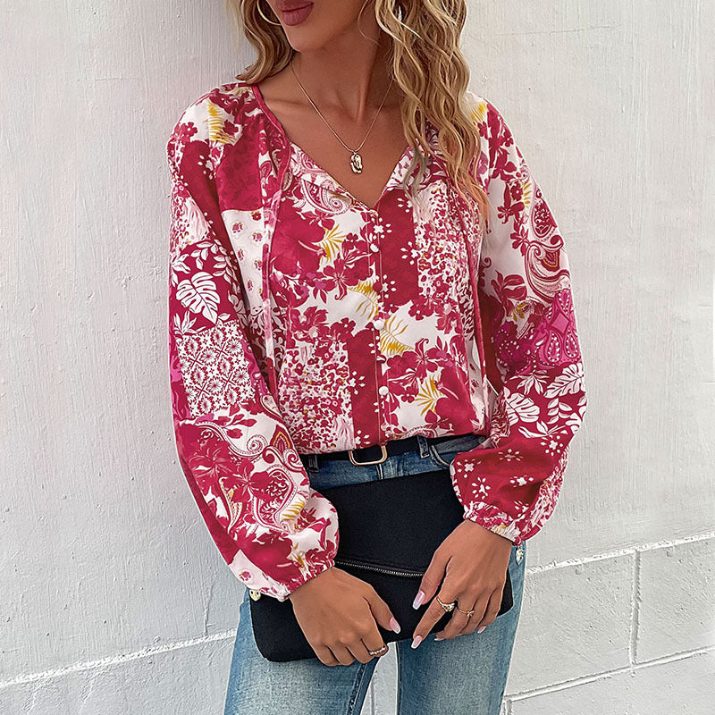 Damen Patchwork-Bluse mit V-Ausschnitt, BindEchoarchivändern und Ballonärmeln Echoarchiv