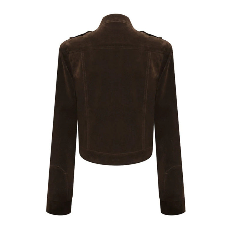 Damen Kurze Veloursleder-Bikerjacke mit asymmetrischem Reißverschluss und Stehkragen Echoarchiv