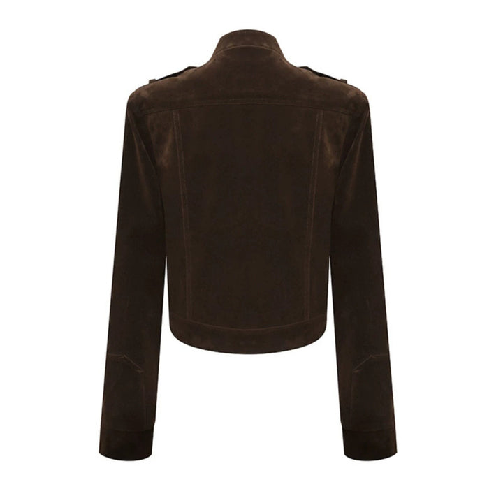 Damen Kurze Veloursleder-Bikerjacke mit asymmetrischem Reißverschluss und Stehkragen Echoarchiv