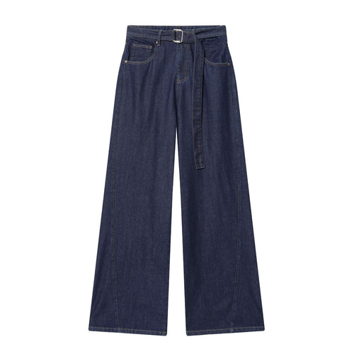 Damen hochgeschnittene Jeans mit weitem Bein, Stoffgürtel und großen Vordertaschen – Dénora
