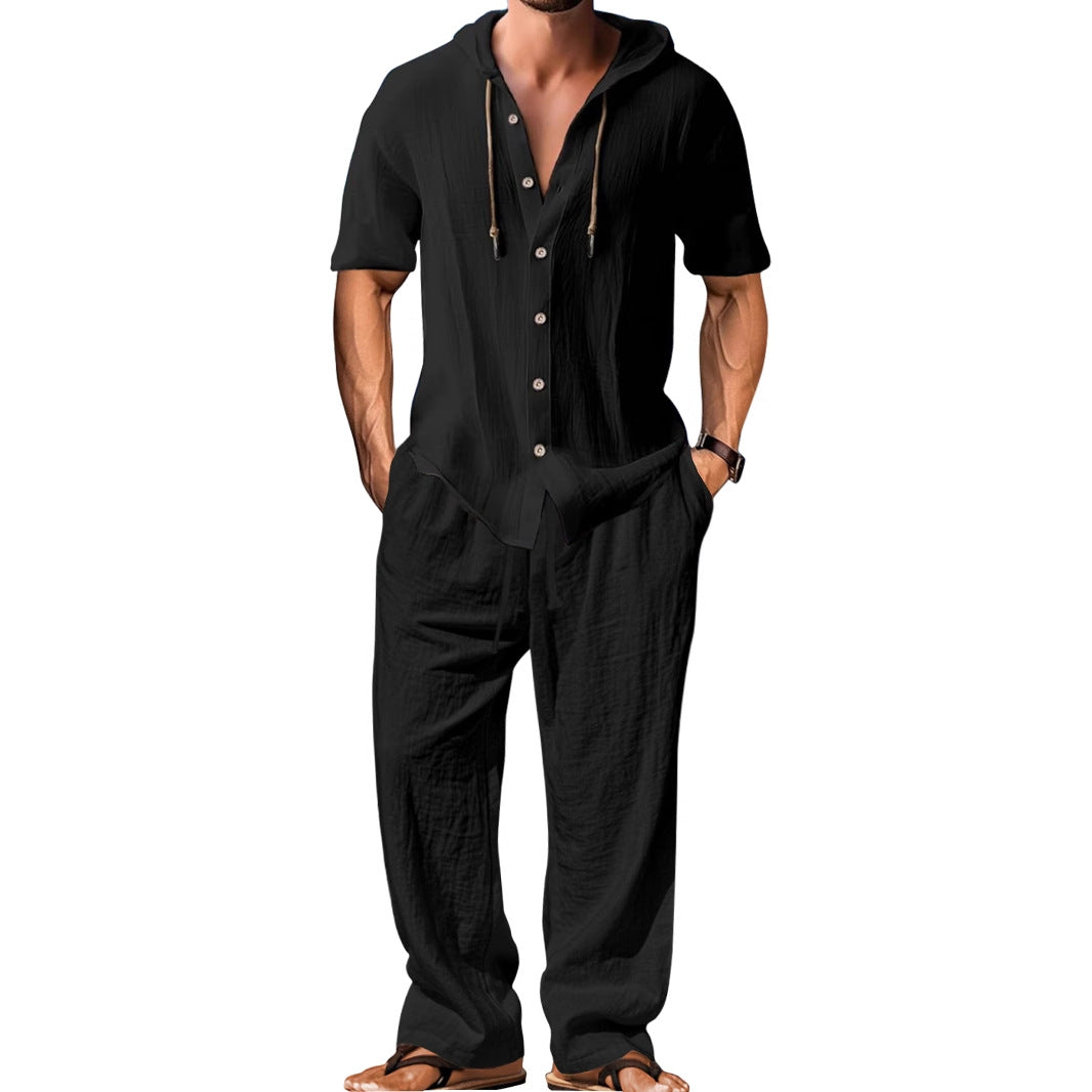 Herren nan luftiges Leinen-Lounge-Set mit kurzärmeligem Kapuzenhemd und gerader Relaxhose Echo Archiv
