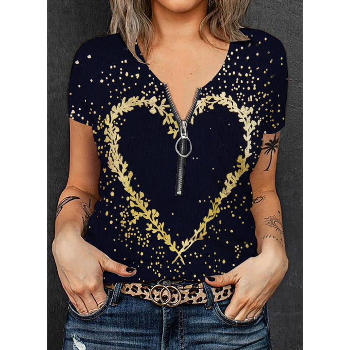 Damen Stylisches T-Shirt mit goldfarbenem Herz-Design und Reißverschluss Echo Archiv