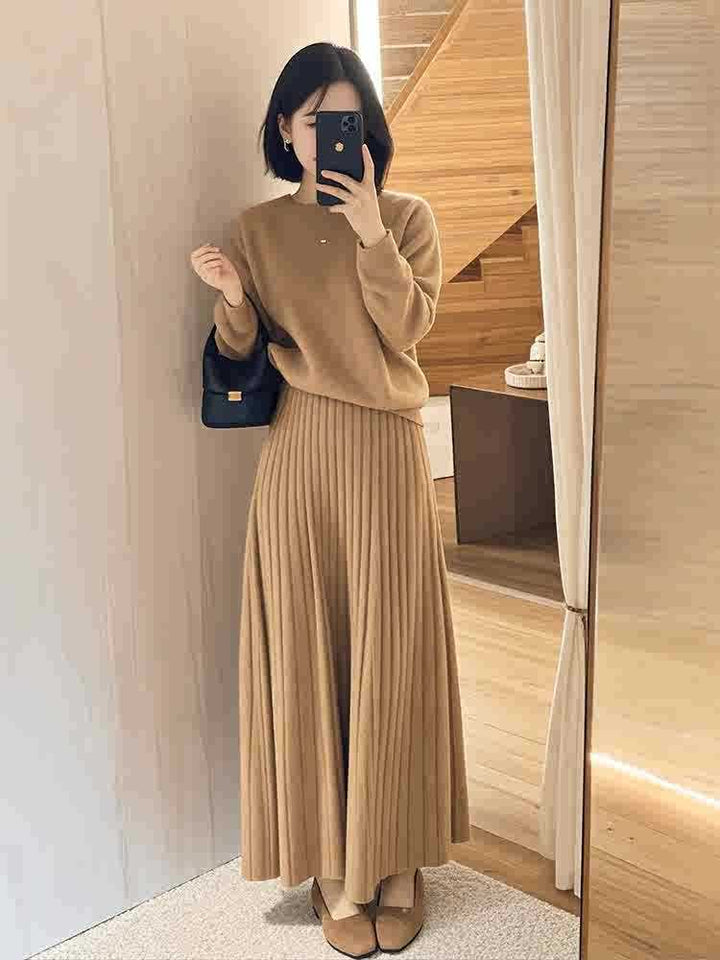 Damen Oversize-Strickpullover und plissierter Maxi-Rock Set Echoarchiv
