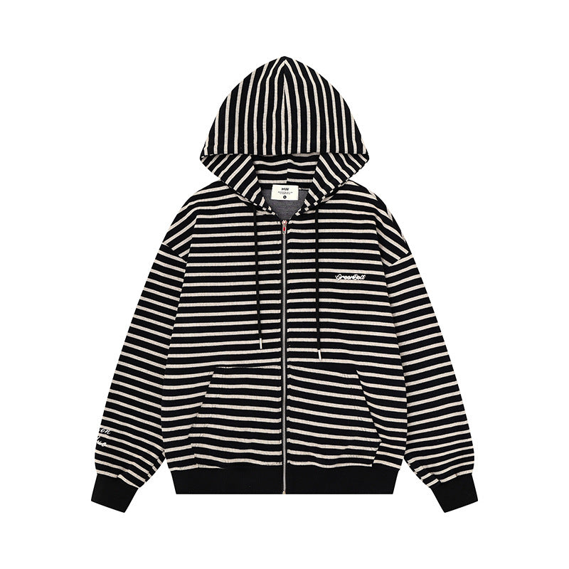 Unisex Leichter gestreifter Kapuzen‑Zipcardigan im Oversize‑Fit aus geripptem Baumwollmix Echoarchiv