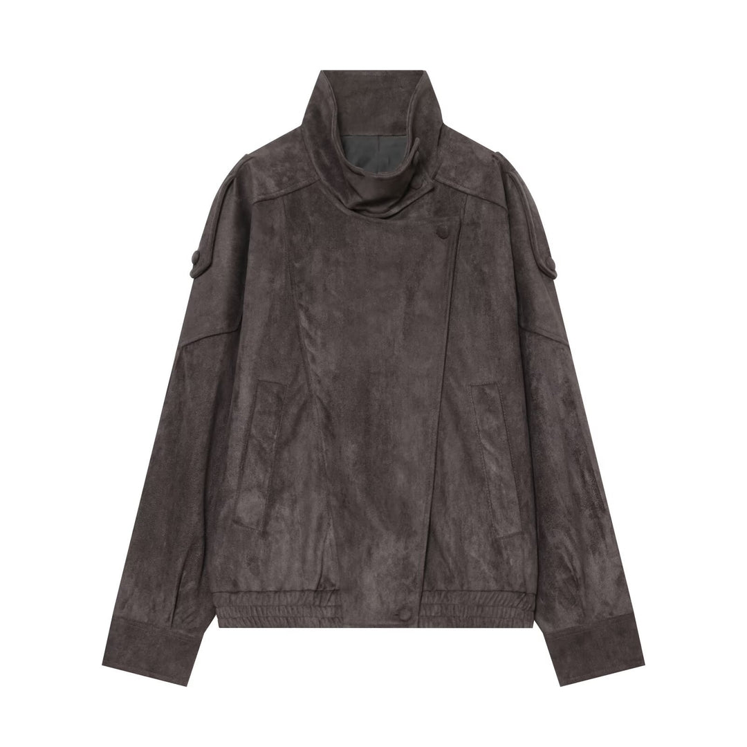Damen Oversized Wildlederoptik Bomberjacke mit hohem Stehkragen, Schulterriegeln und elastischem Saum Echoarchiv