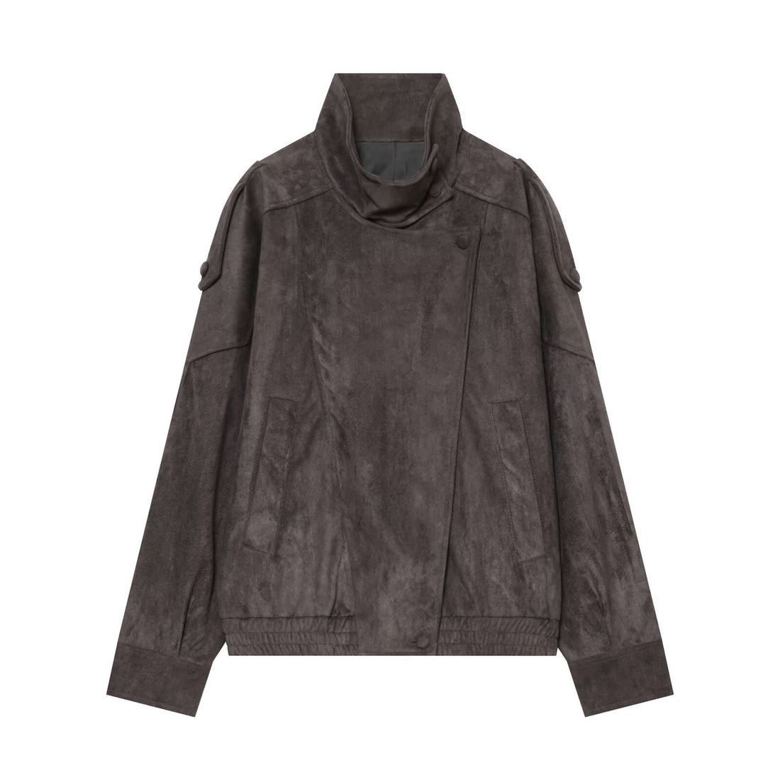 Damen Oversized Wildlederoptik Bomberjacke mit hohem Stehkragen, Schulterriegeln und elastischem Saum Echoarchiv