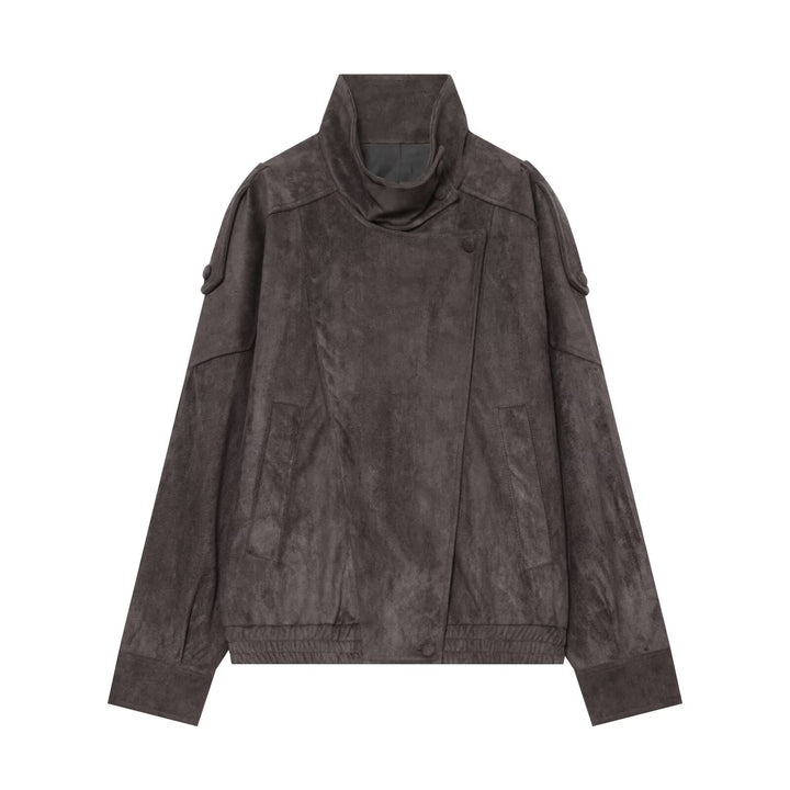 Damen Oversized Wildlederoptik Bomberjacke mit hohem Stehkragen, Schulterriegeln und elastischem Saum Echoarchiv