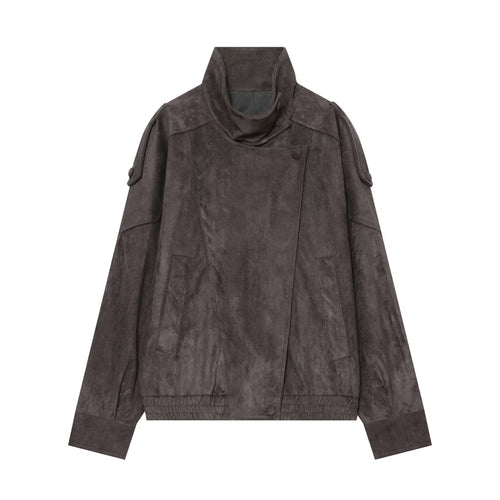 Damen Oversized Wildlederoptik Bomberjacke mit hohem Stehkragen, Schulterriegeln und elastischem Saum Echoarchiv